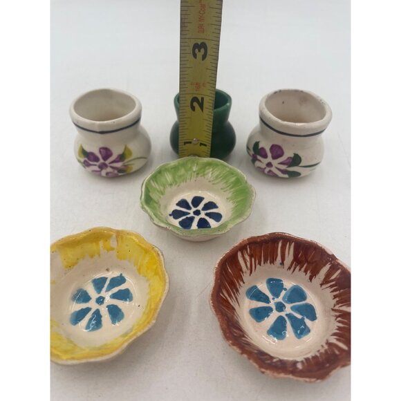 Vintage Miniature Ceramic Dishes & cups Hand-Painted Floral Designs Mexican Rust - Picture 10 of 10